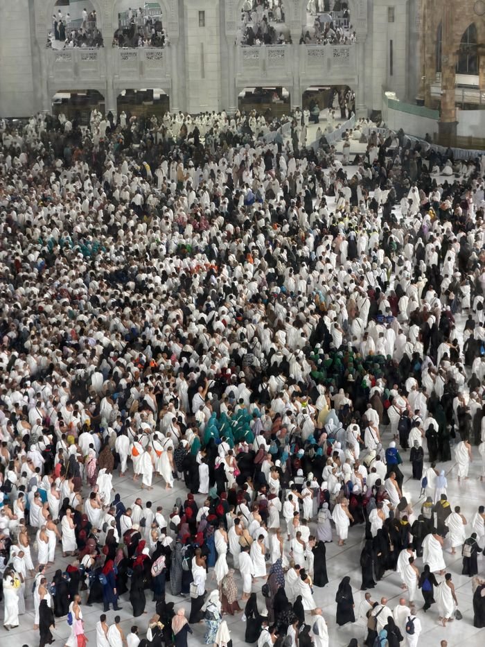 Aerial view of pilgrims gathering during Hajj at the Grand Mosque, Mecca.